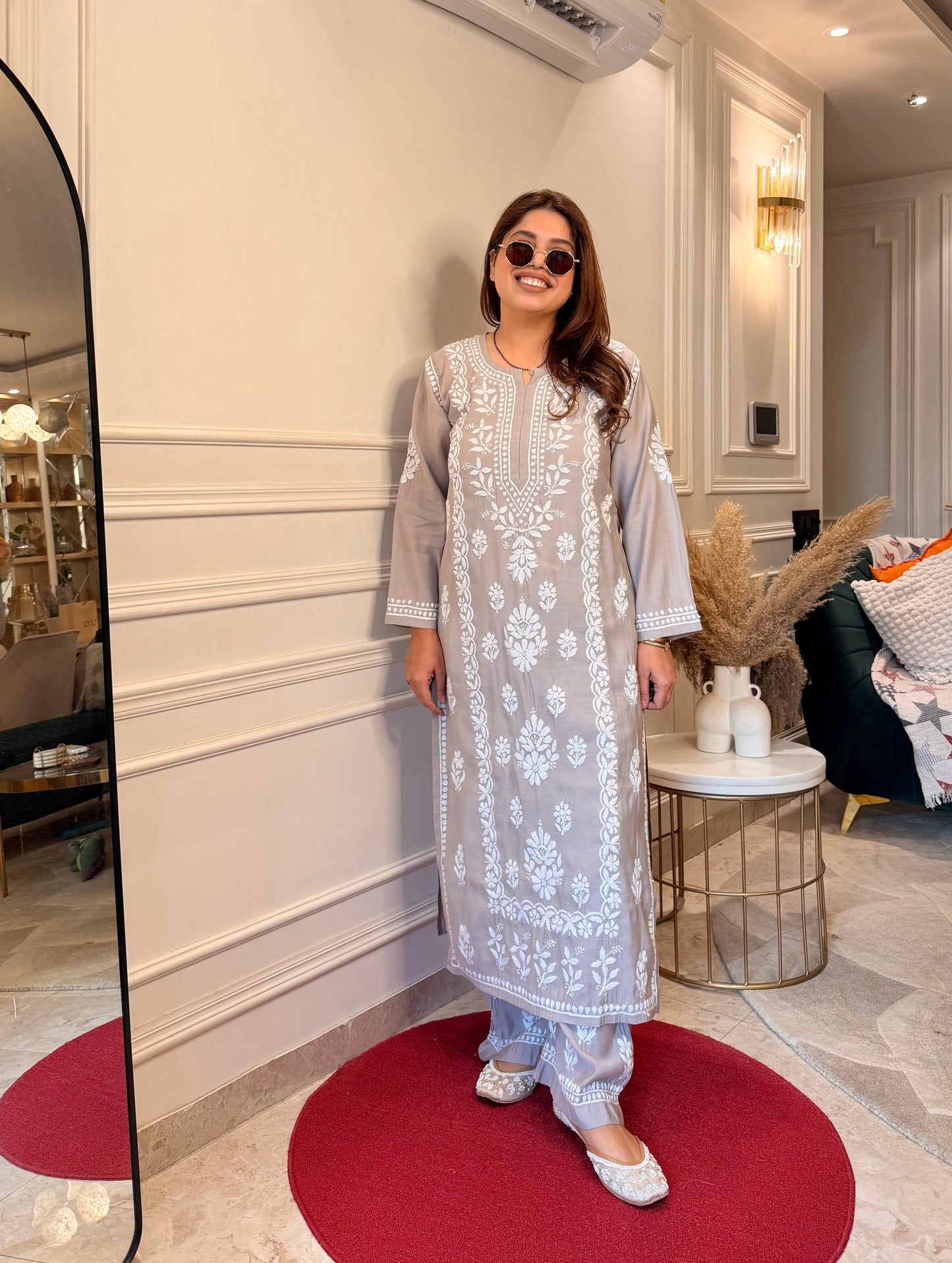 Hand Embroidered Chikankari Kurta Set - Grey