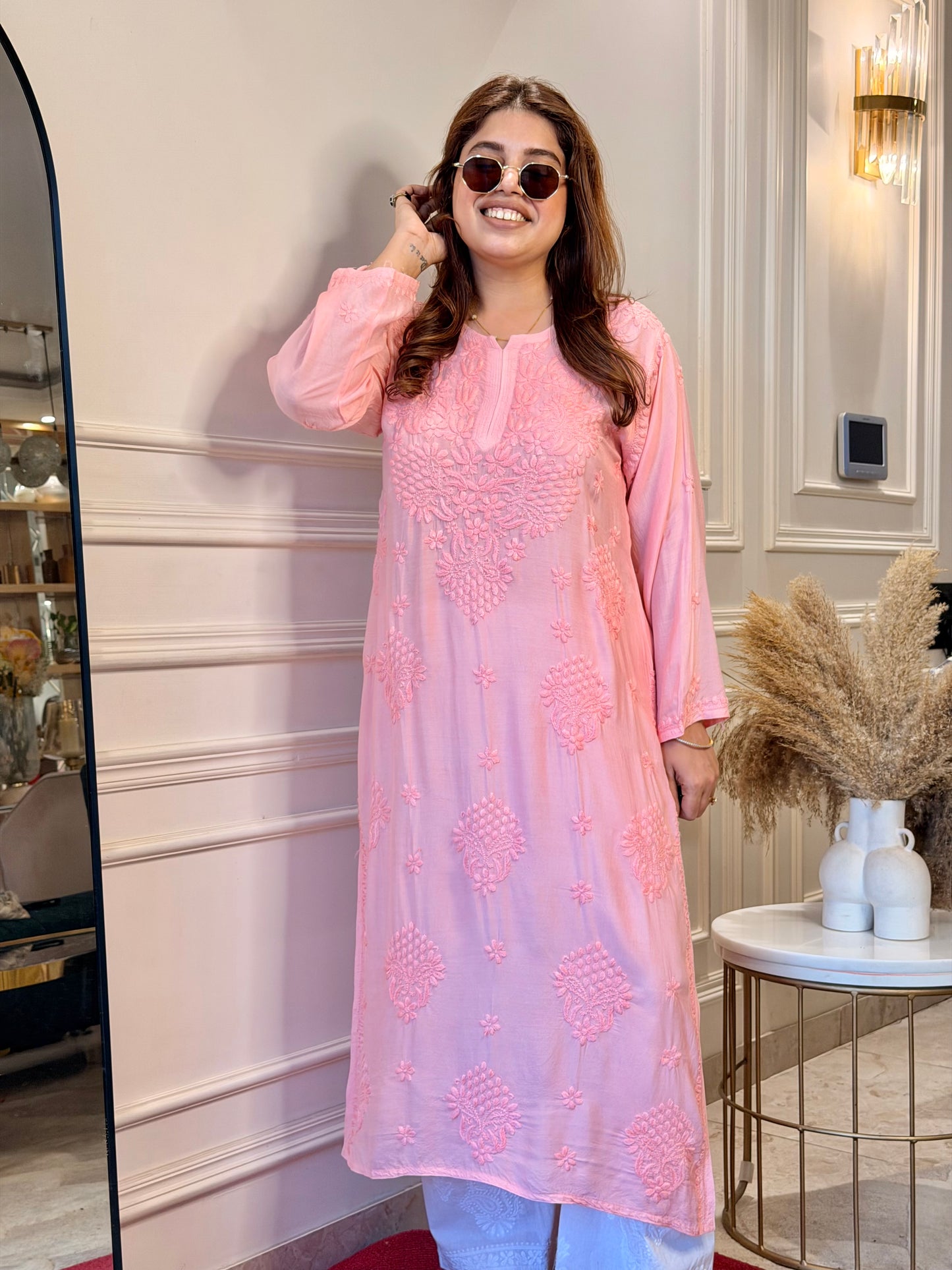 Chikankari Kurta set | Muslin | Salmon Pink