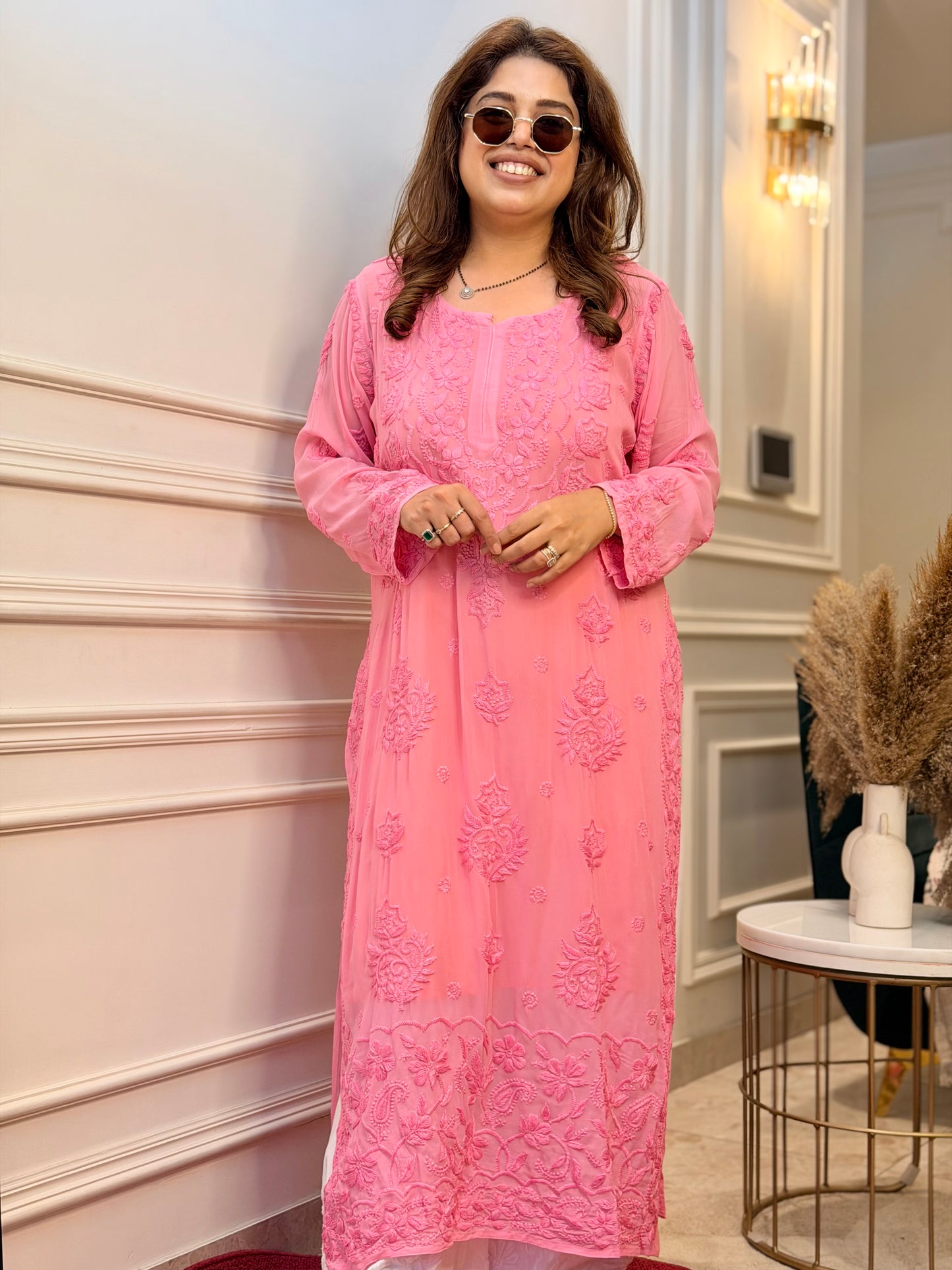 Hand Embroidered 6D Chikankari Kurta  | Premium Viscose | Pink