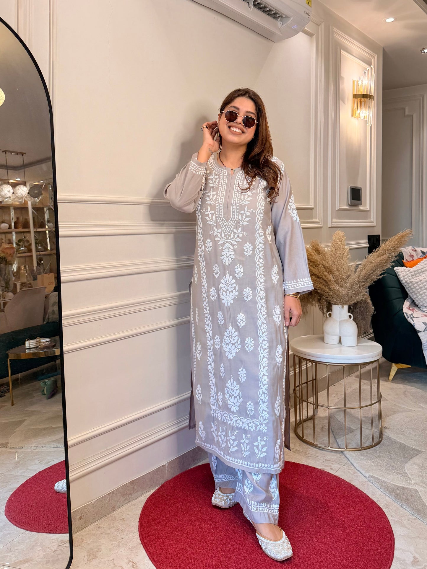 Hand Embroidered Chikankari Kurta Set - Grey