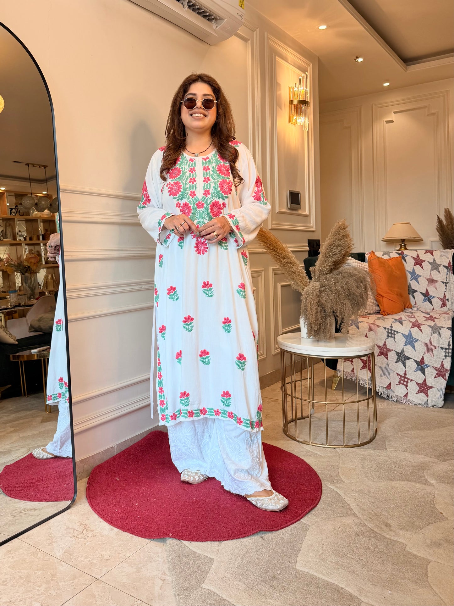 Hand embroidered Chikankari Kurta | Premium Cotton | White with Pink & Green