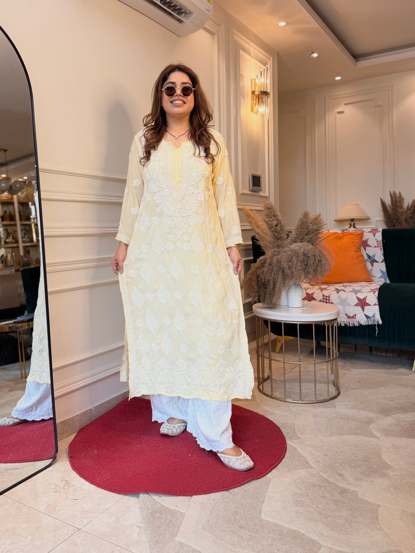 Hand Embroidered 3DChikankari Kurta  | Mul Chanderi | Butter Yellow