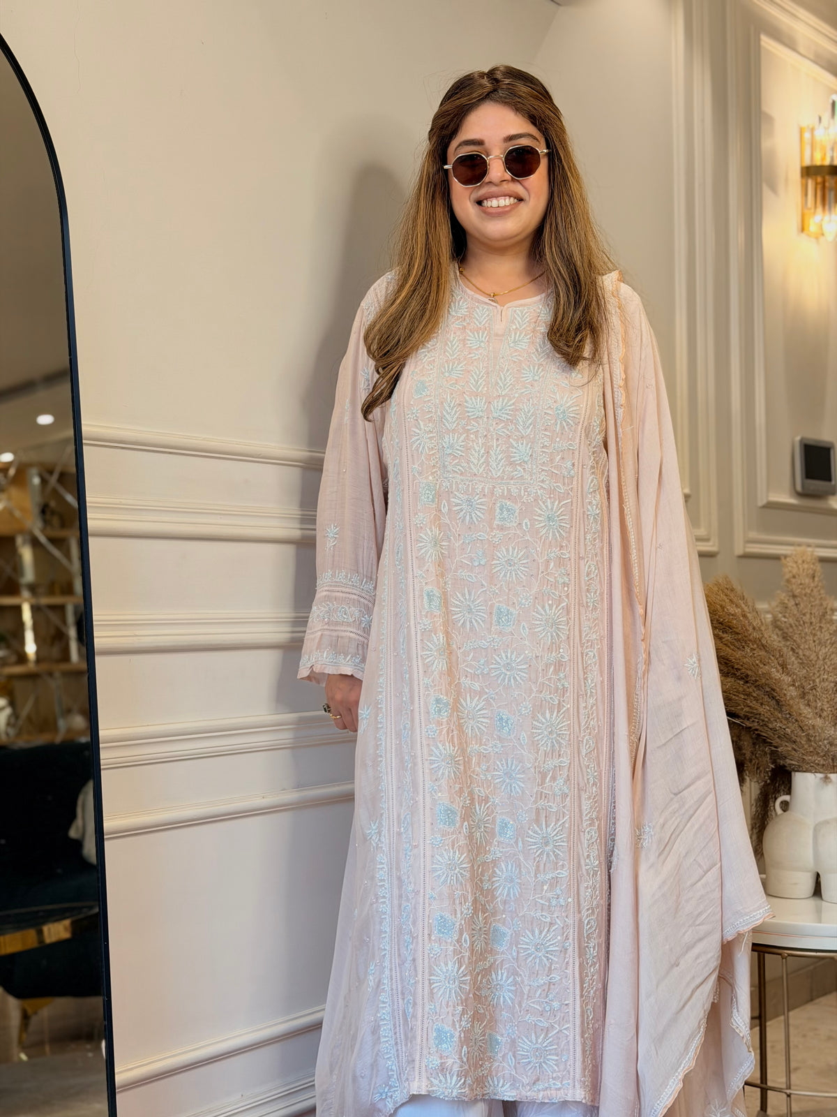 Luxe Hand Embroidered Chikankari Kurta & Duppta | Premium Soft Muslin | Peach Nude