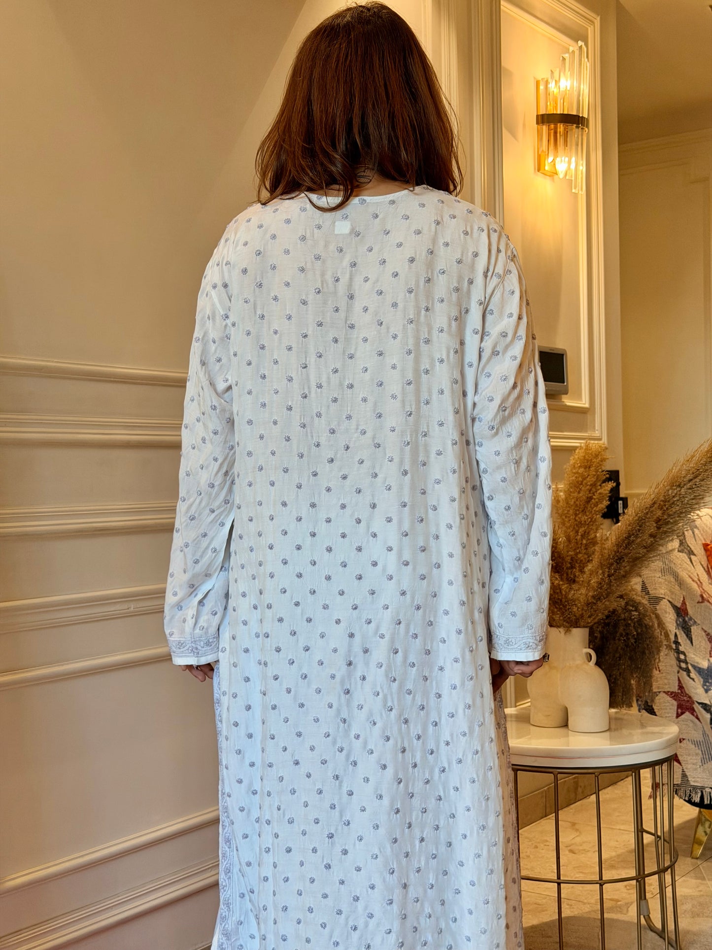 Hand Embroidered Chikankari Kurta  | Mul Chanderi | white with Purple | Plus Size