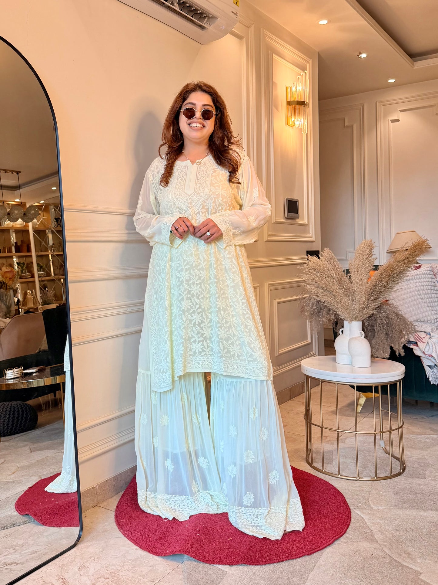 Delicate Full Zaal Hand Embroidered Chikankari Sharara set | Viscose | Lemon Yellow