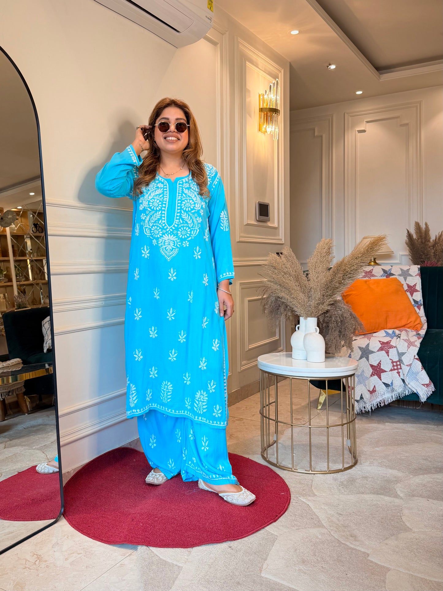 Hand Embroidered Chikankari Kurta set | Modal cotton | Frozi Blue