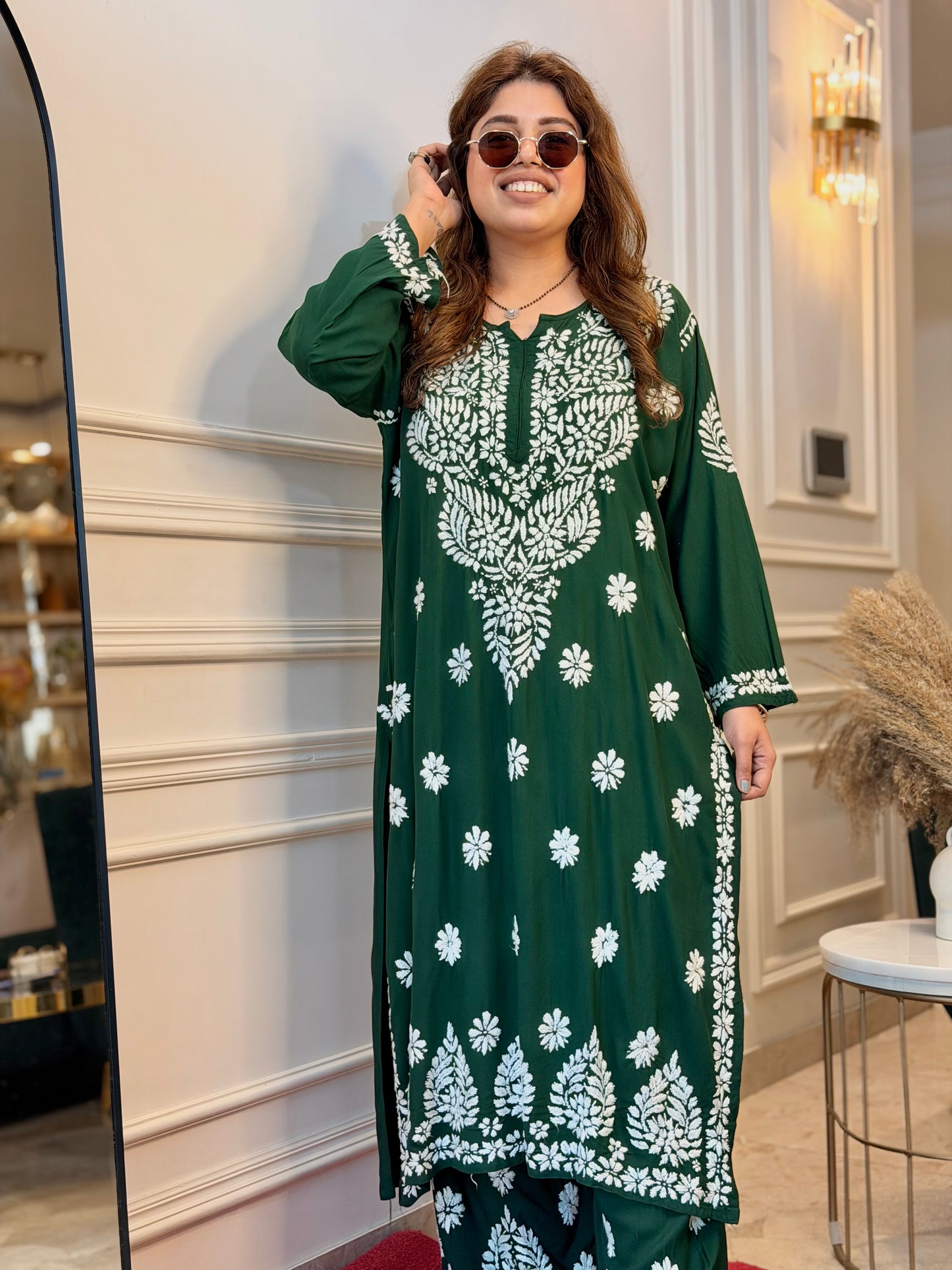 Hand Embroidered Chikankari Kurta set | Modal | Emerald