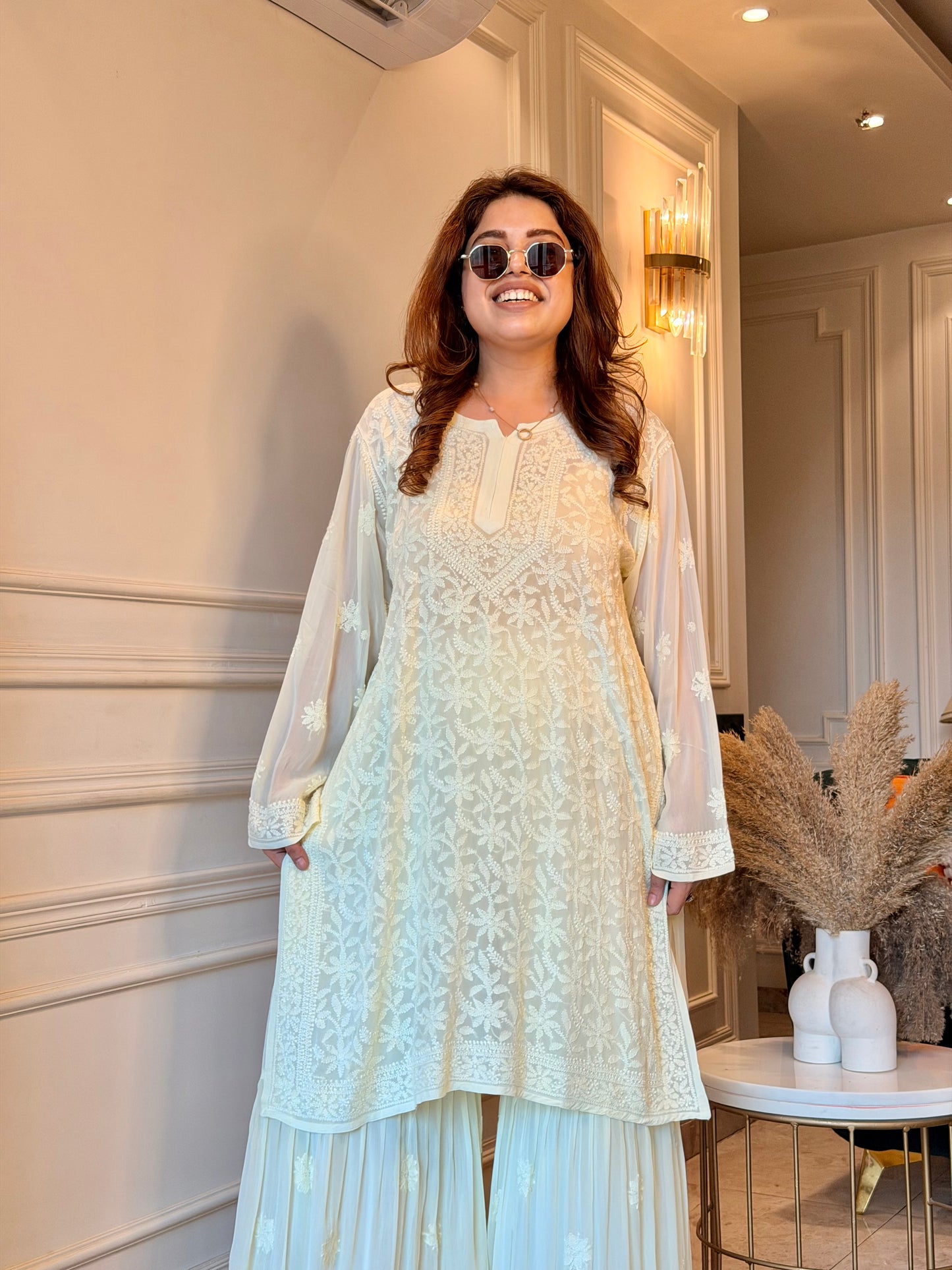 Delicate Full Zaal Hand Embroidered Chikankari Sharara set | Viscose | Lemon Yellow