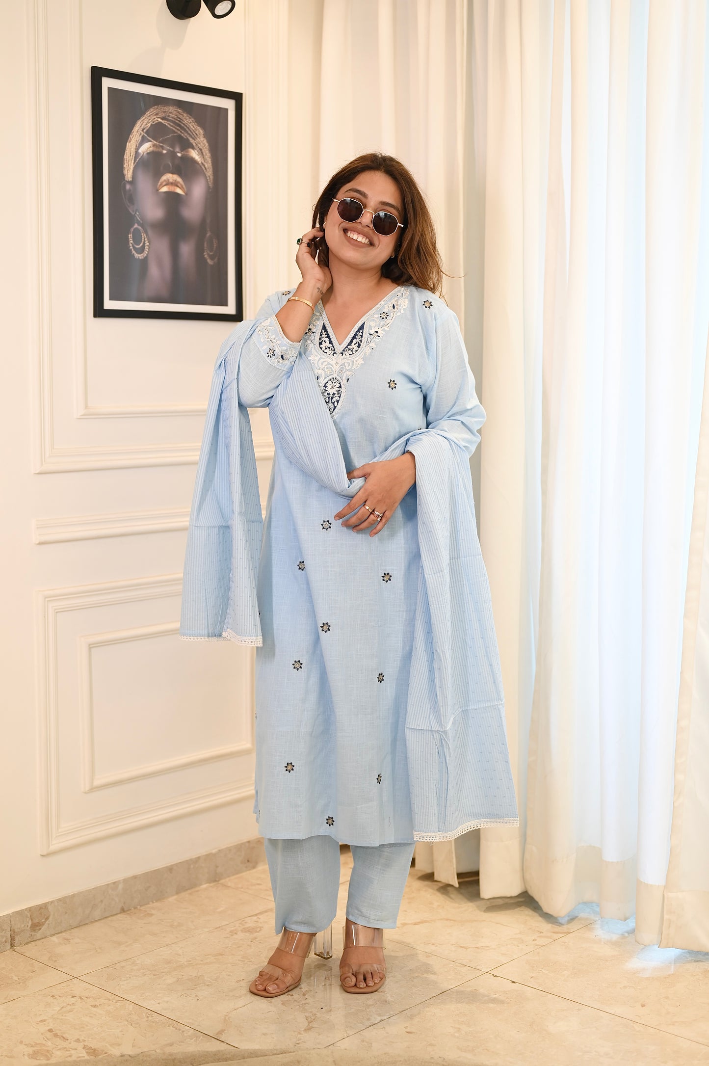 Elegant Sky Blue Cotton Suit Set