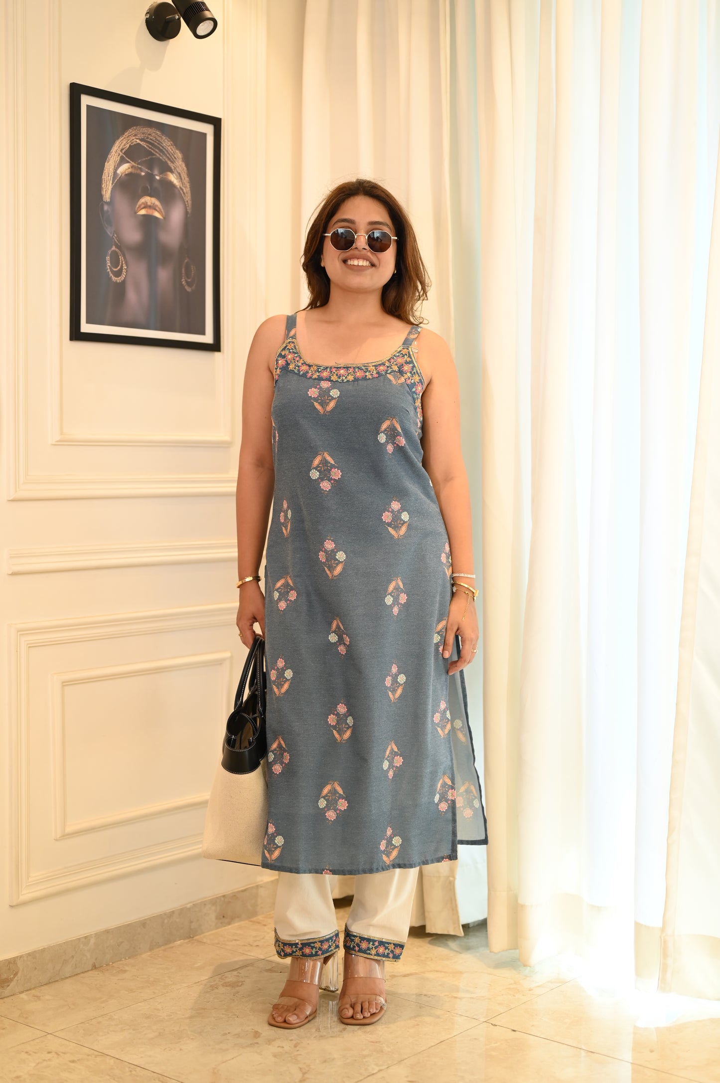 Denim Cotton Blue Floral Strap Kurta Set