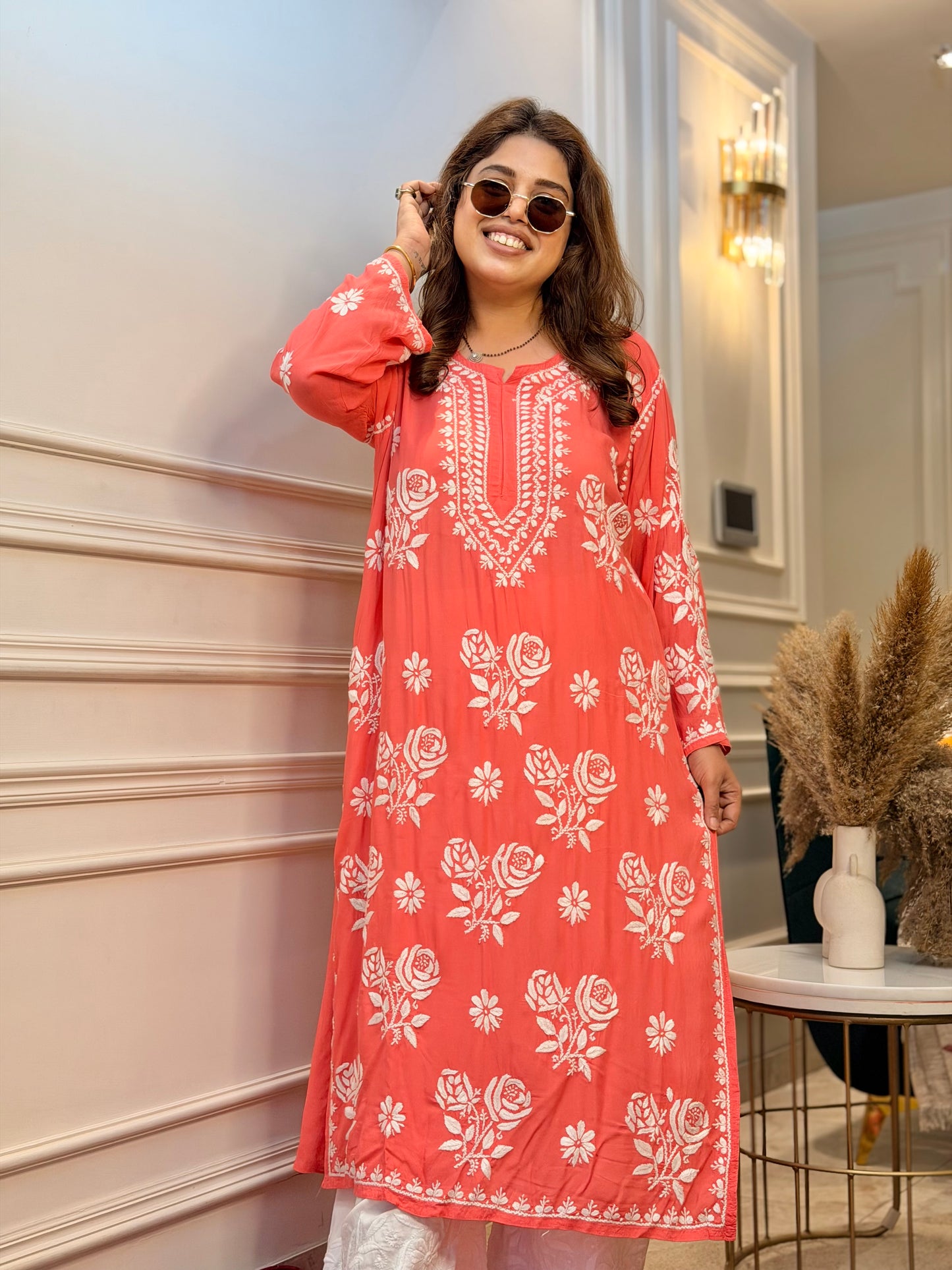 Hand Embroidered 3D Chikankari Kurta | Premium Modal | Orange