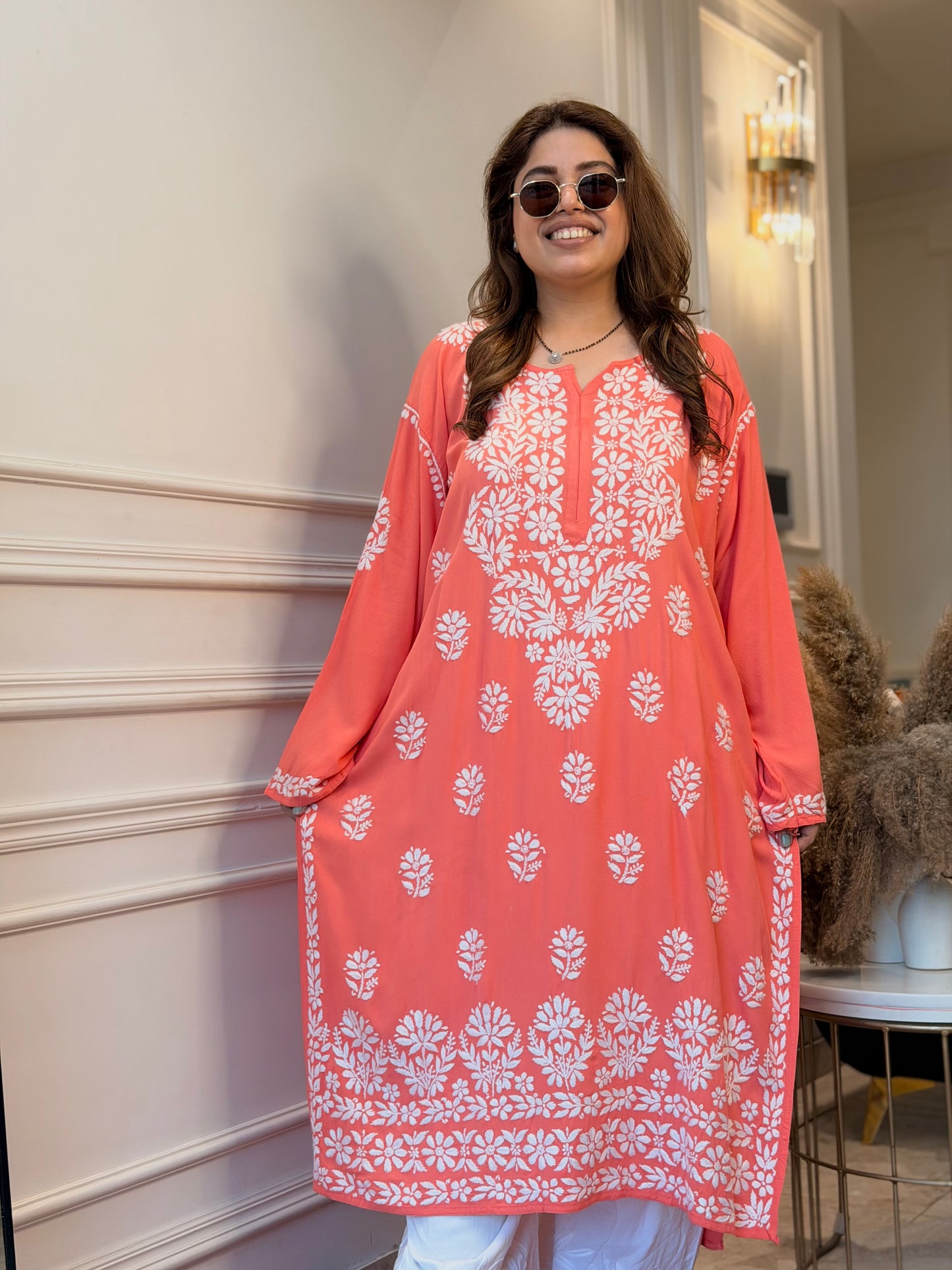 Hand Embroidered 3DChikankari Kurta with Plazo | Premium Soft Cotton | Peach