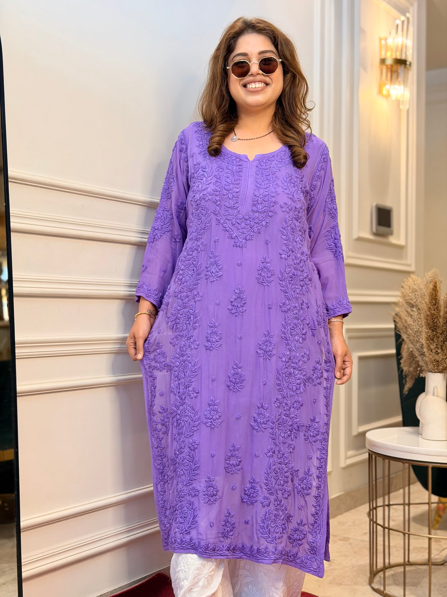 Hand Embroidered 6D Chikankari Kurta  | Premium Viscose | Purple
