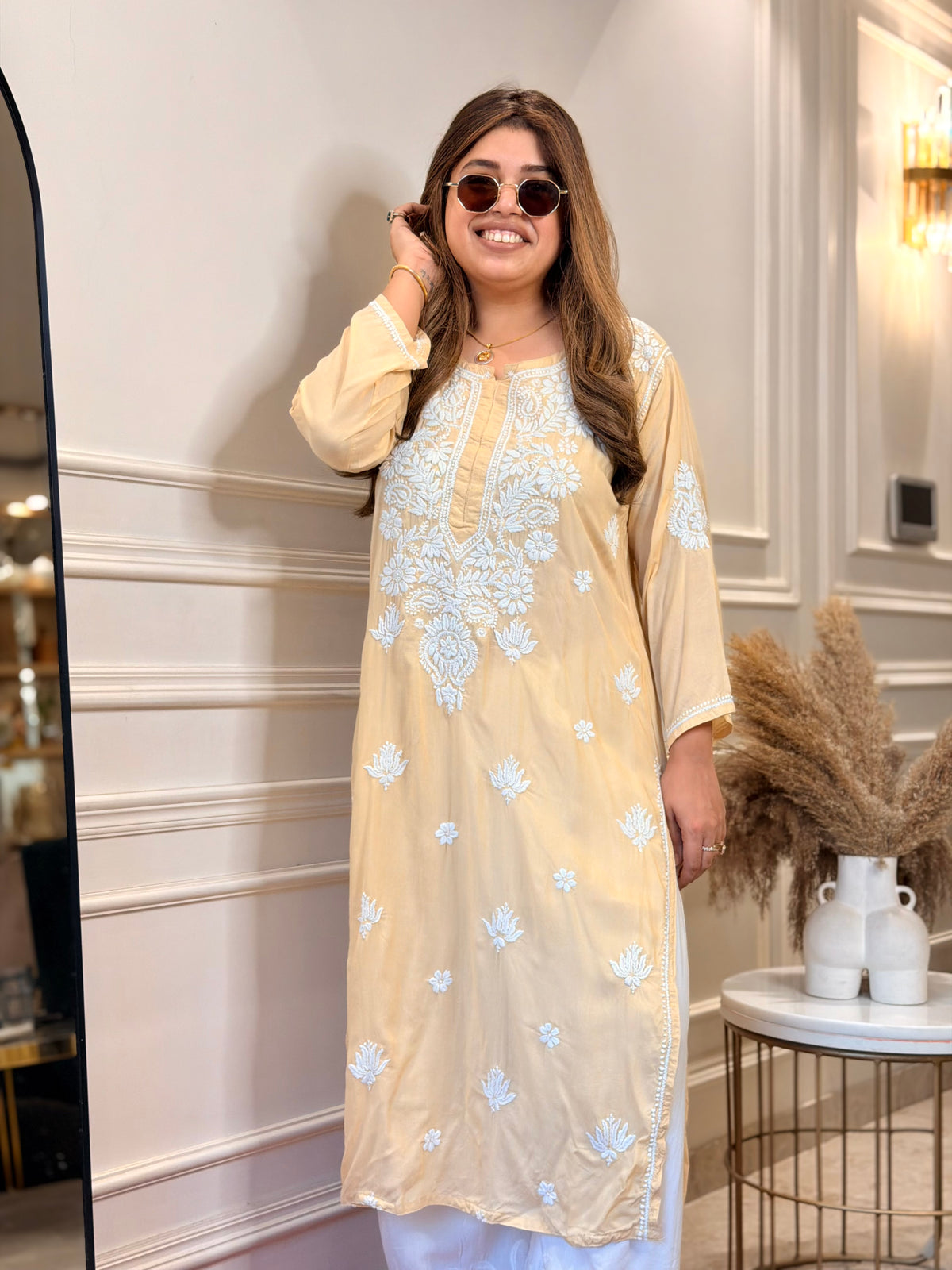 Hand Embroidered 3D Chikankari Kurta | Mul Chanderi | Beige