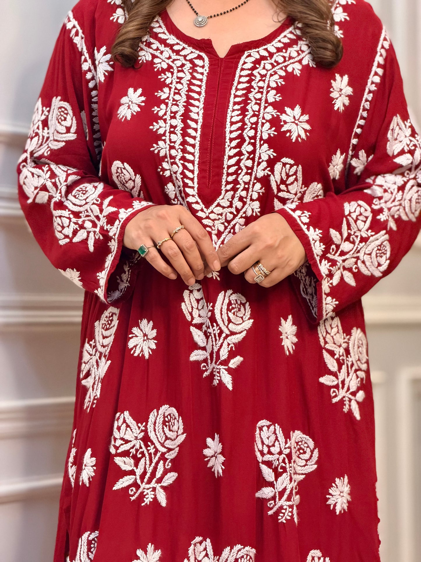 Hand Embroidered 3D Chikankari Kurta | Premium Modal | Mahroon