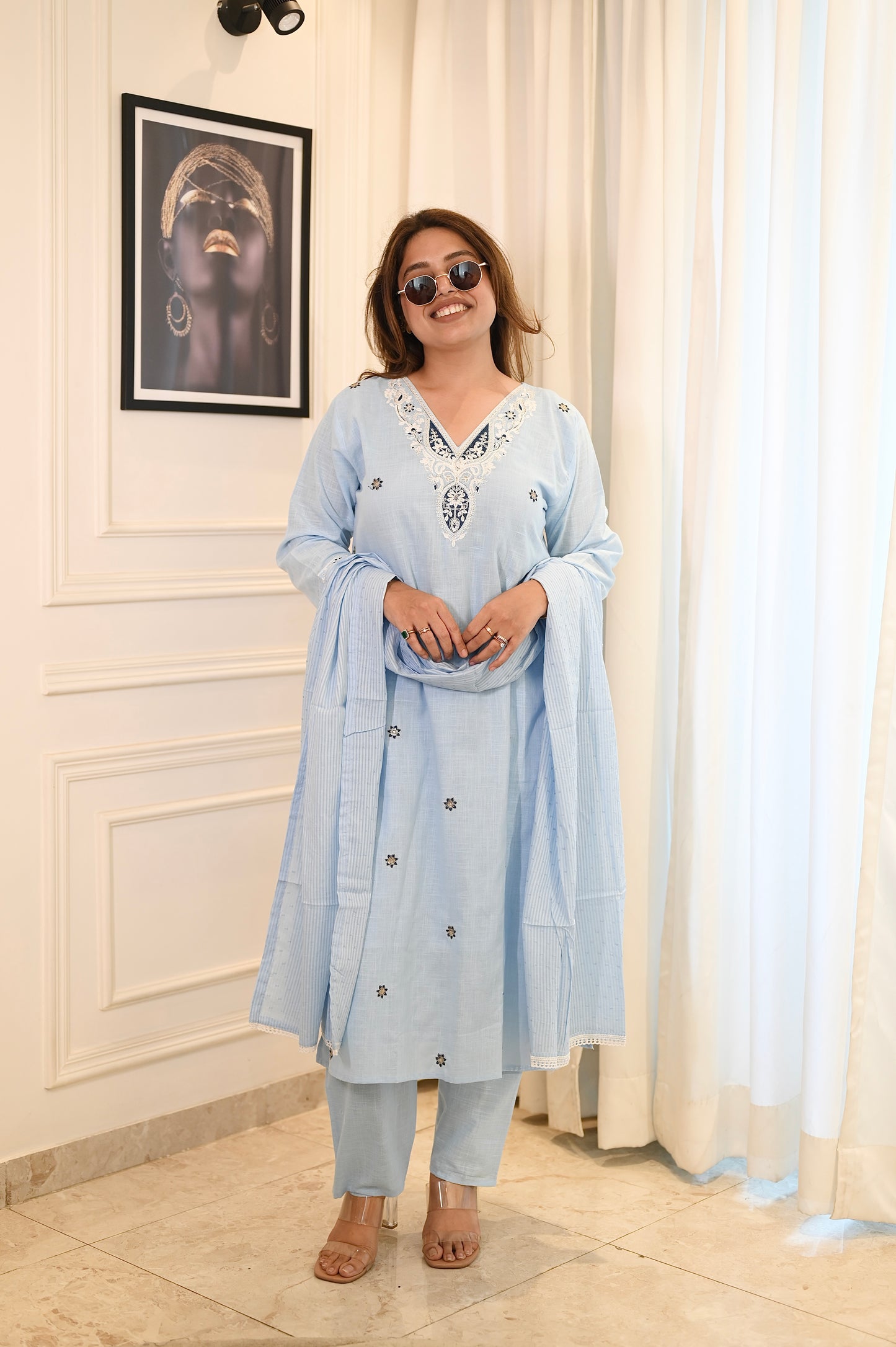 Elegant Sky Blue Cotton Suit Set