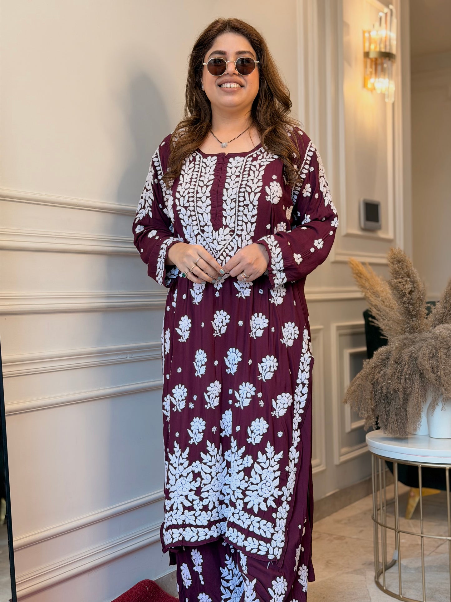 Hand Embroidered 3DChikankari Kurta set | Modal  | Maroon