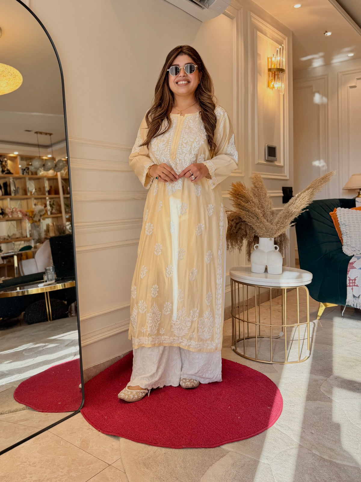 Hand Embroidered 3D Chikankari Kurta | Mul Chanderi | Light Yellow
