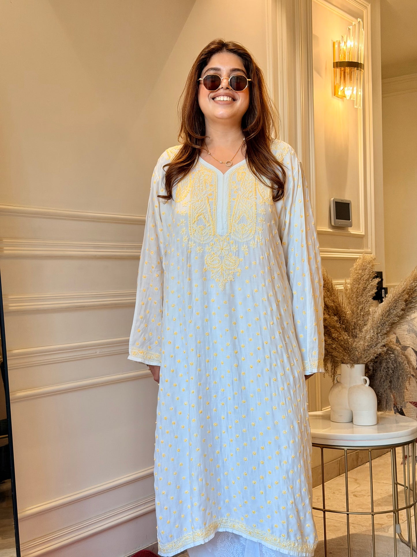 Hand Embroidered Chikankari Kurta  | Mul Chanderi | white with Yellow | Plus Size