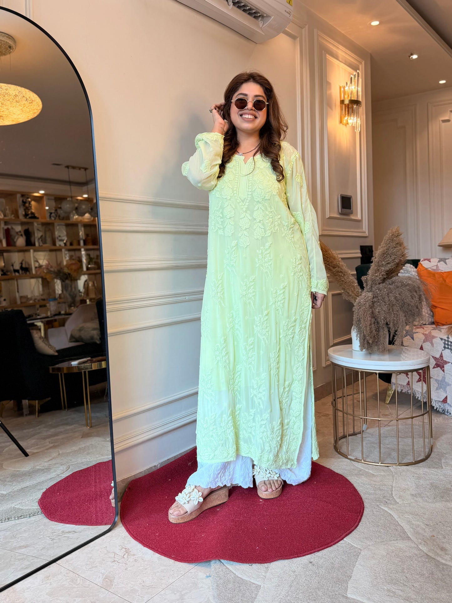 Hand Embroidered 3DChikankari Kurta  | Viscose | Pista Green