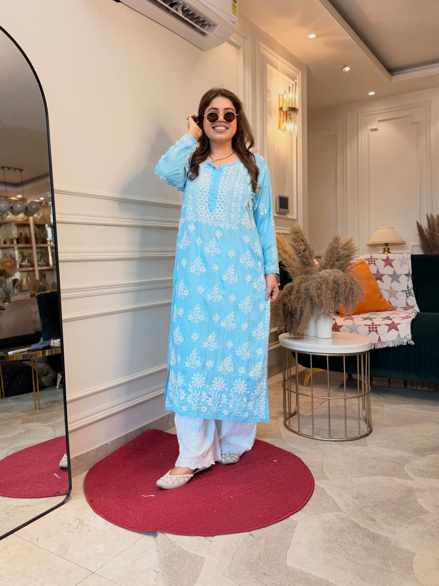 Hand Embroidered 3DChikankari Kurta  | Mul Chanderi | Frozi Blue