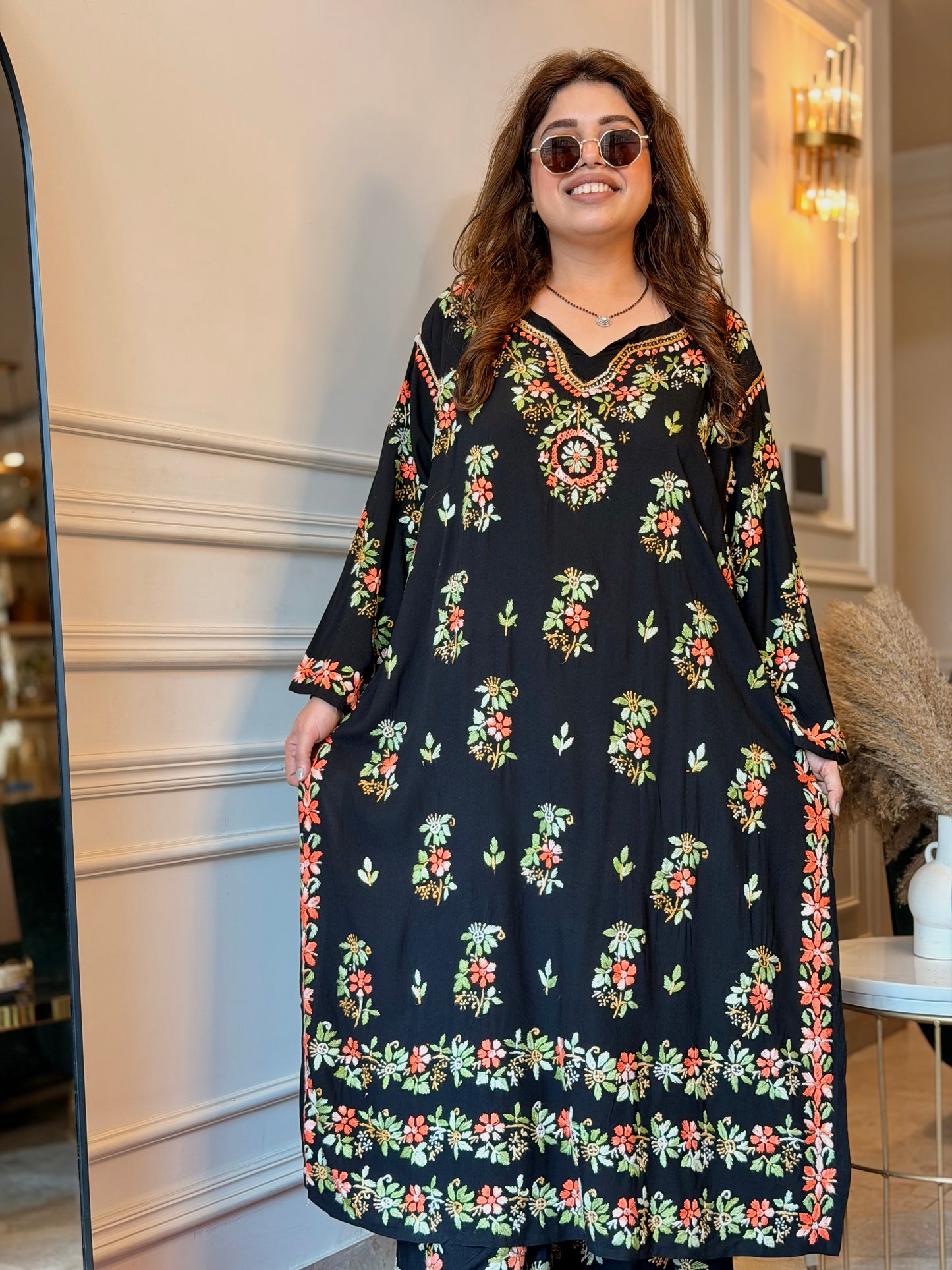 Hand Embroidered Chikankari Kurta set | Modal  | Black with Orange
