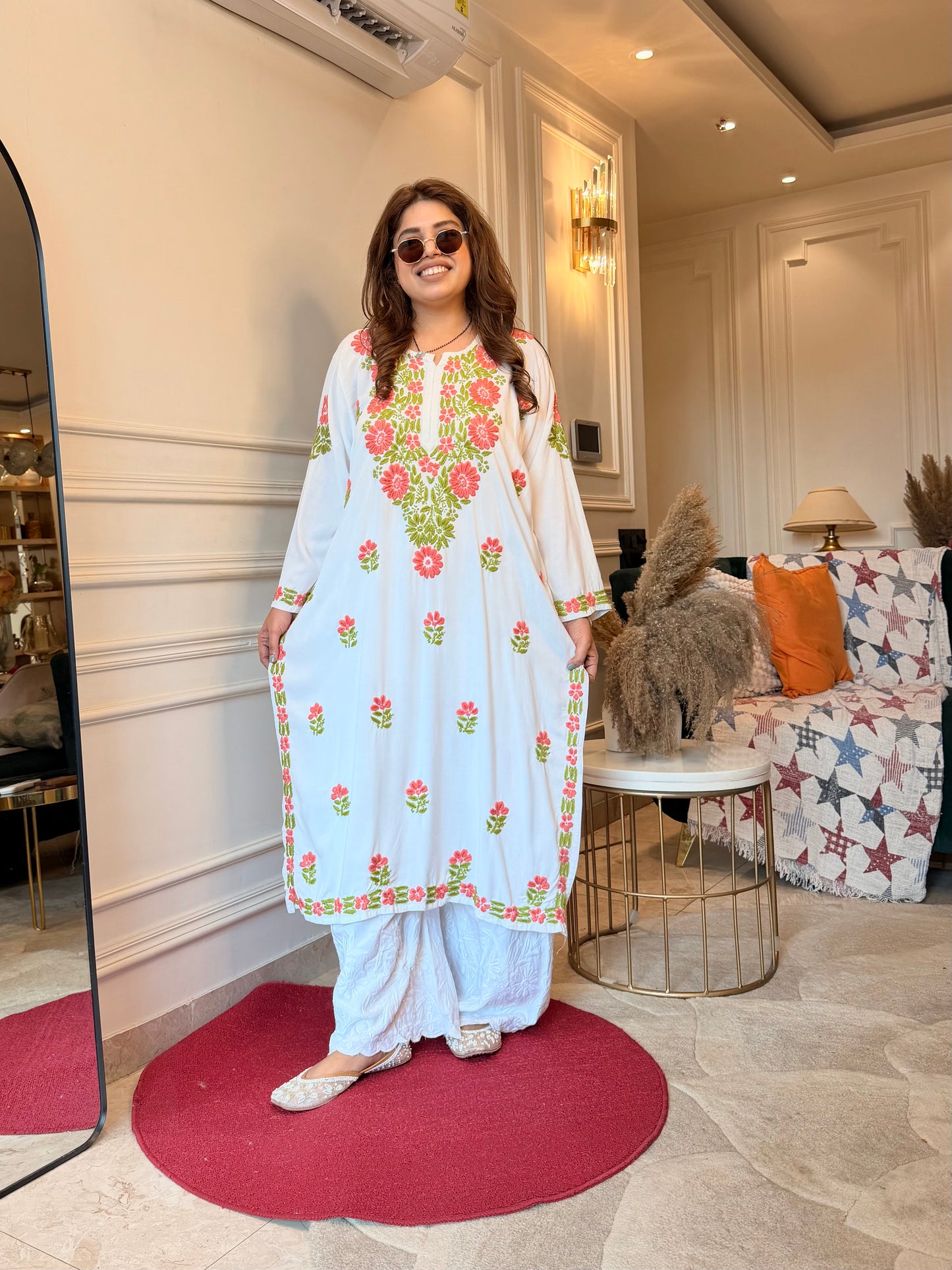 Hand embroidered Chikankari Kurta | Premium Cotton | White with Light Pink & Green