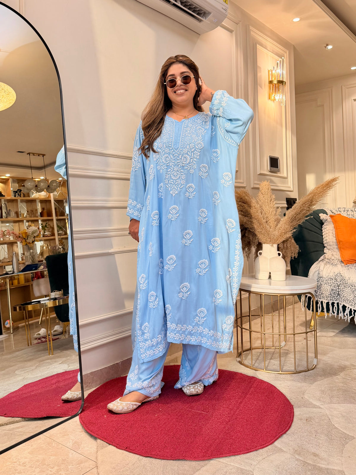 3D Hand Embroidered Chikankari Kurta set | Premium Modal Satin | Powder Blue