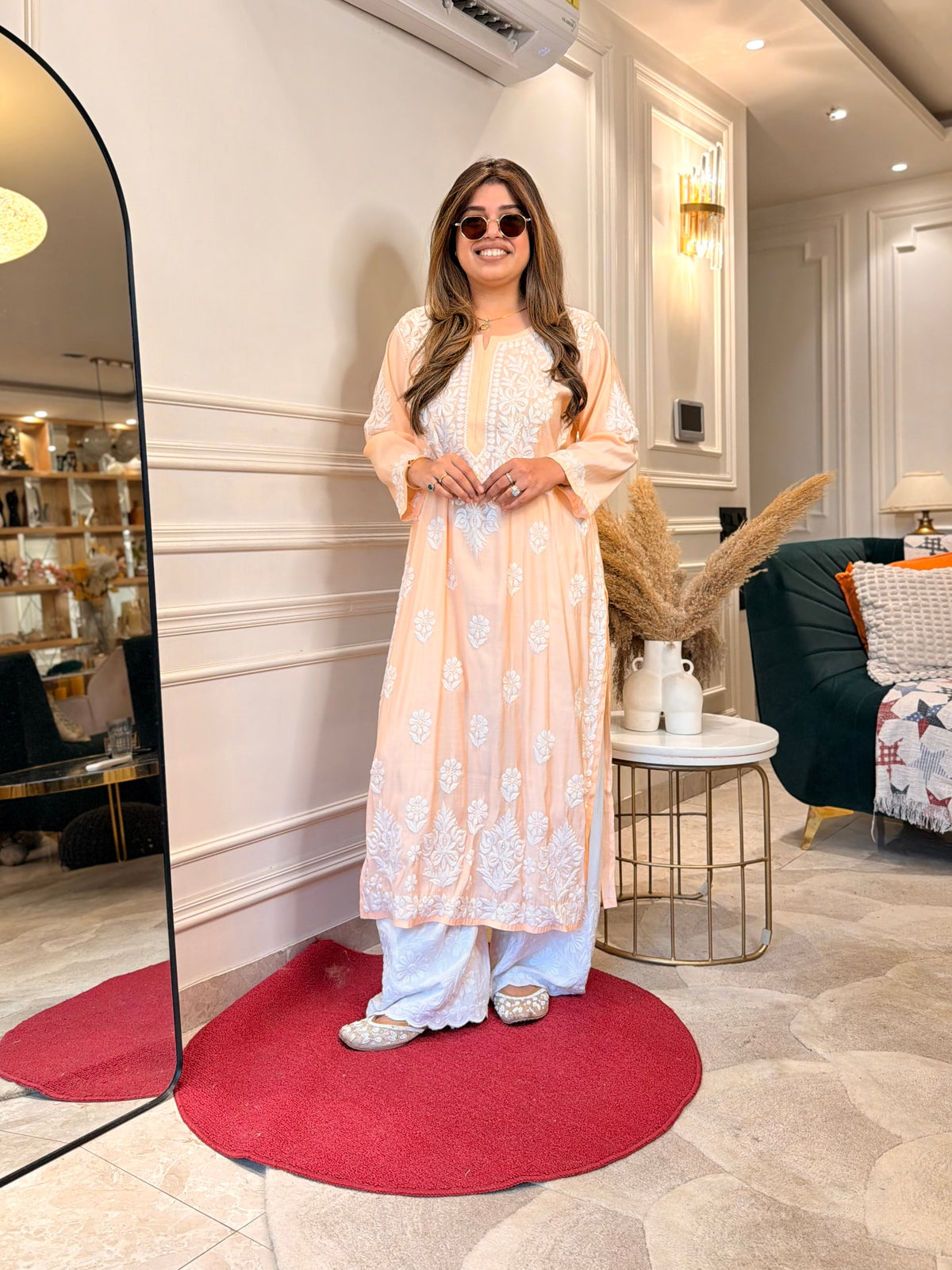 Hand Embroidered 3D Chikankari Kurta | Mul Chanderi | Peach