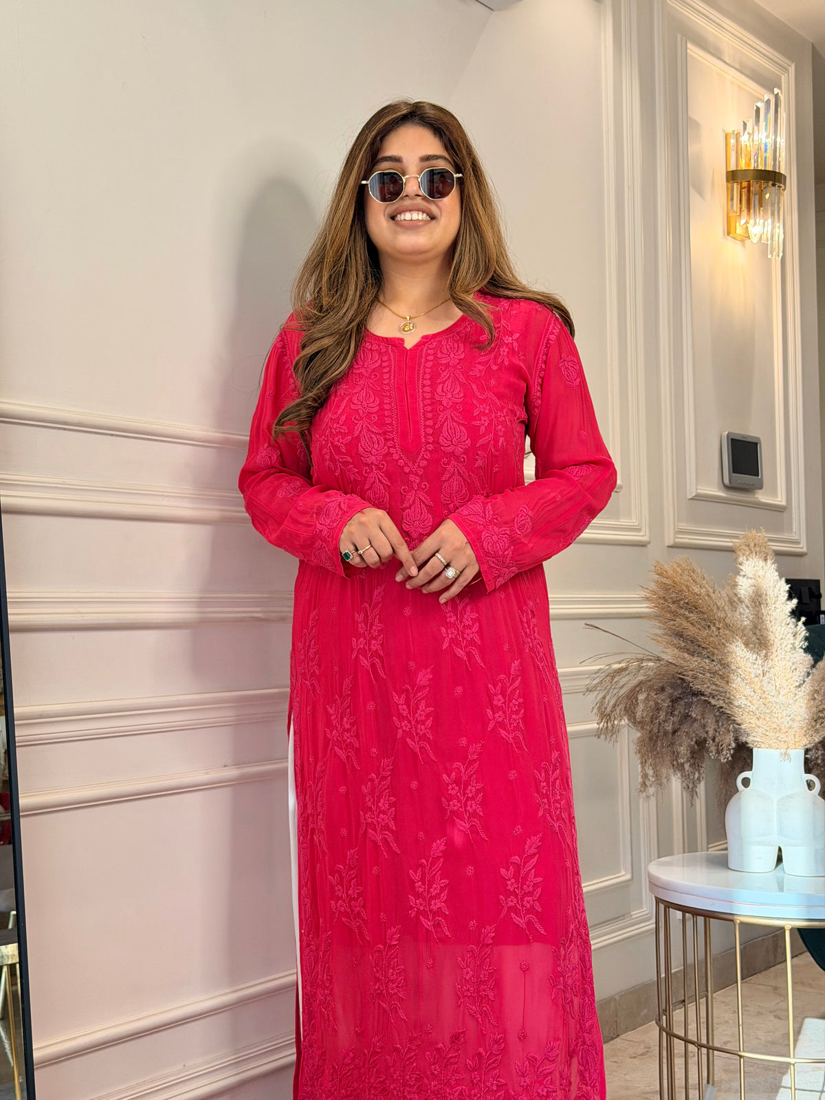Hand Embroidered 3DChikankari Kurta  | Viscose | Hot Pink