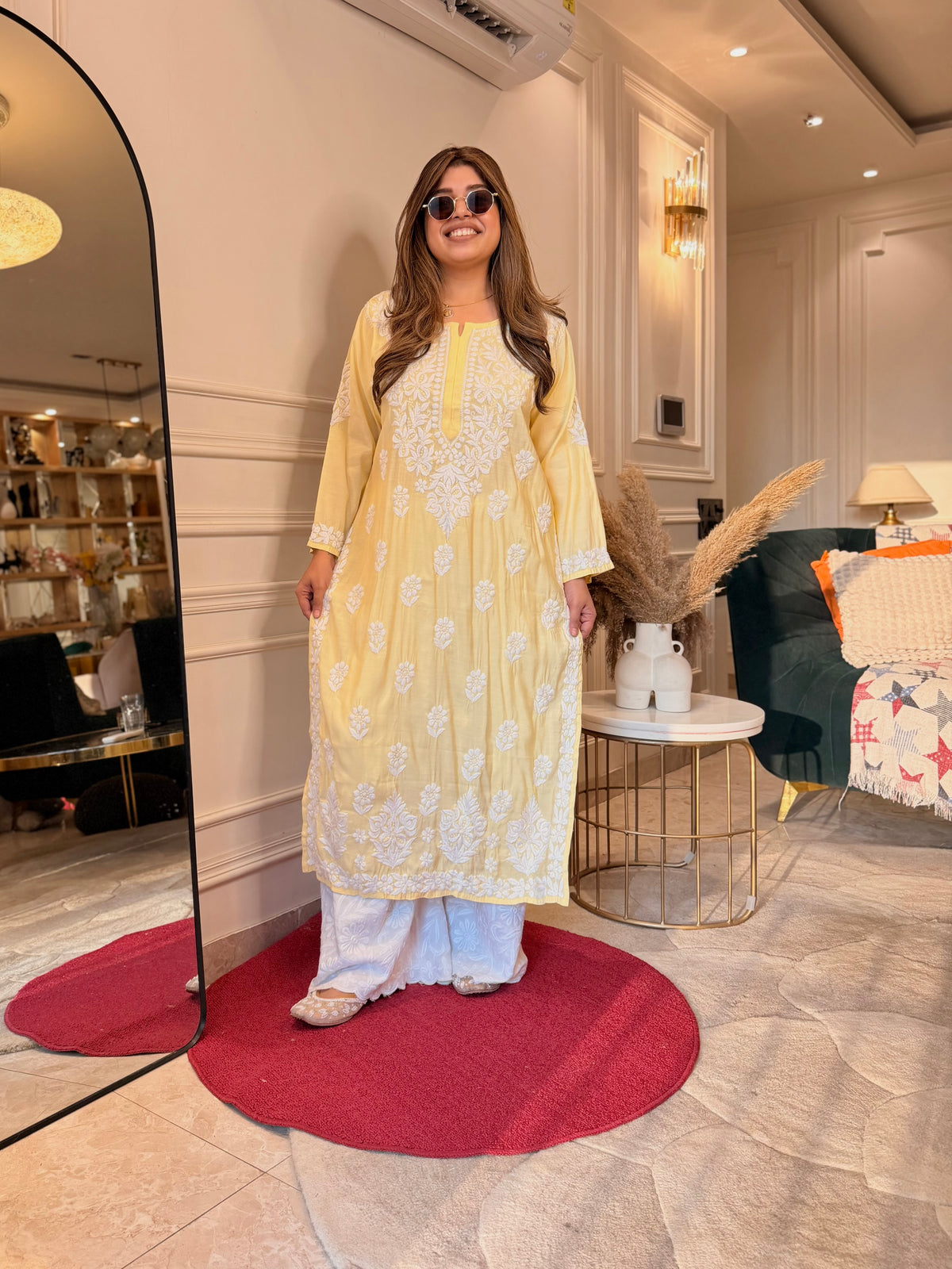 Hand Embroidered 3D Chikankari Kurta | Mul Chanderi | Butter Yellow