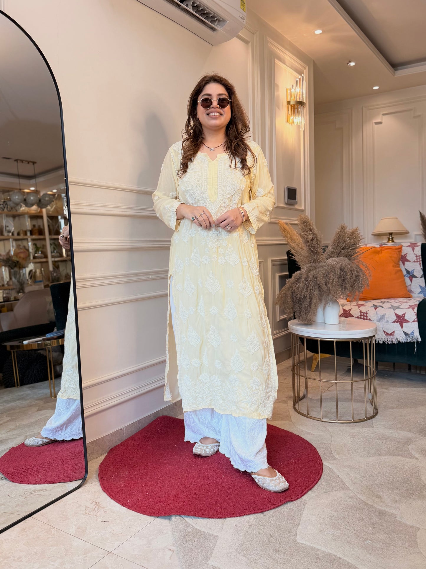 Hand Embroidered 3DChikankari Kurta  | Mul Chanderi | Butter Yellow