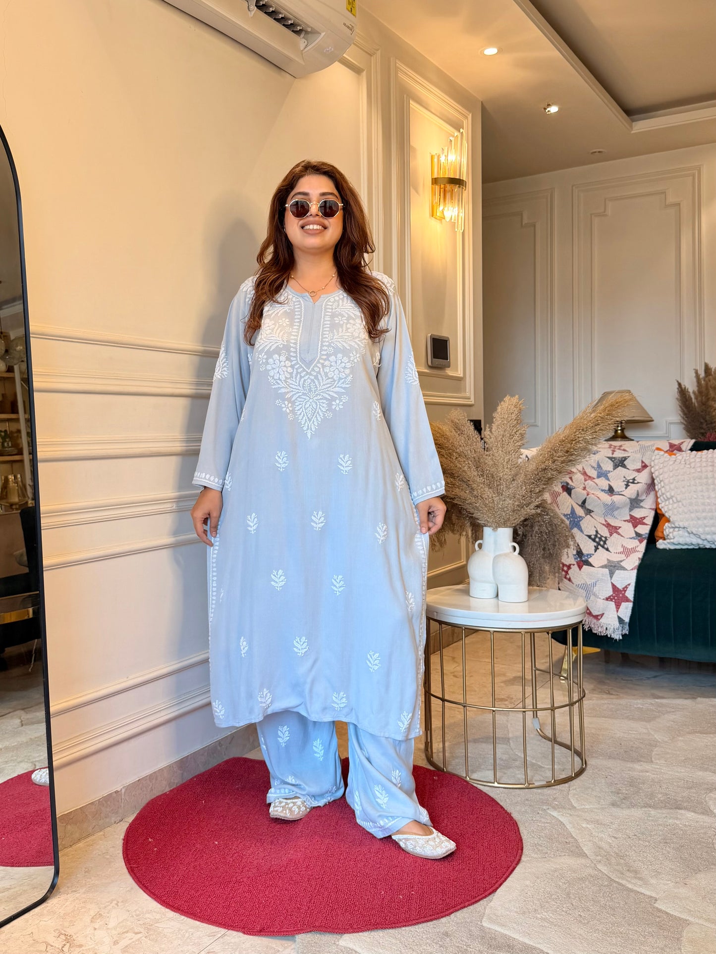 Hand Embroidered Chikankari Kurta set | Modal | Pastel Grey
