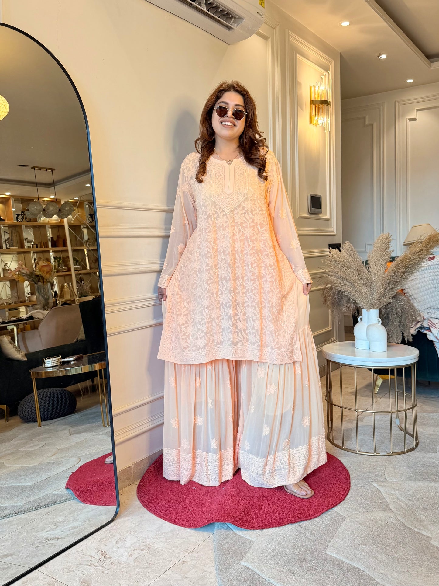 Delicate Full Zaal Hand Embroidered Chikankari Sharara set | Viscose | Peach