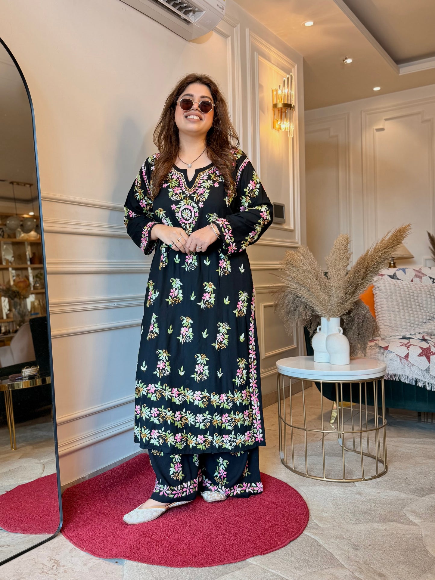 Hand Embroidered Chikankari Kurta set | Modal  | Black with Pink