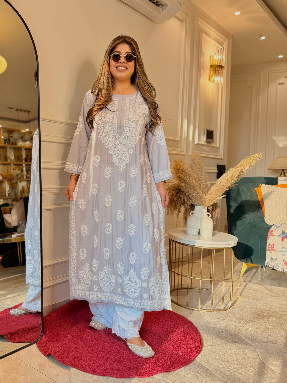 Hand Embroidered 3D Chikankari Kurta | Mul Chanderi | Grey