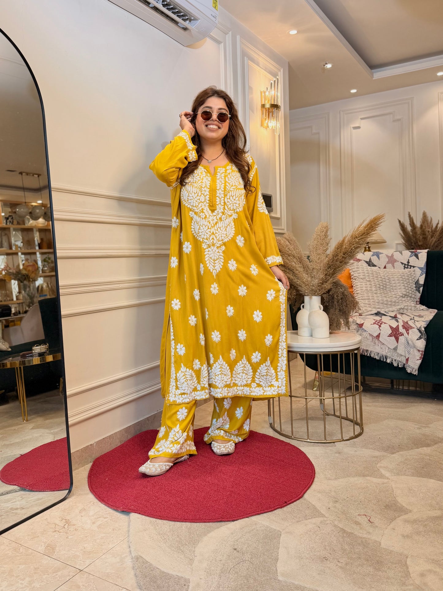 Hand Embroidered Chikankari Kurta set | Modal  | Mustard
