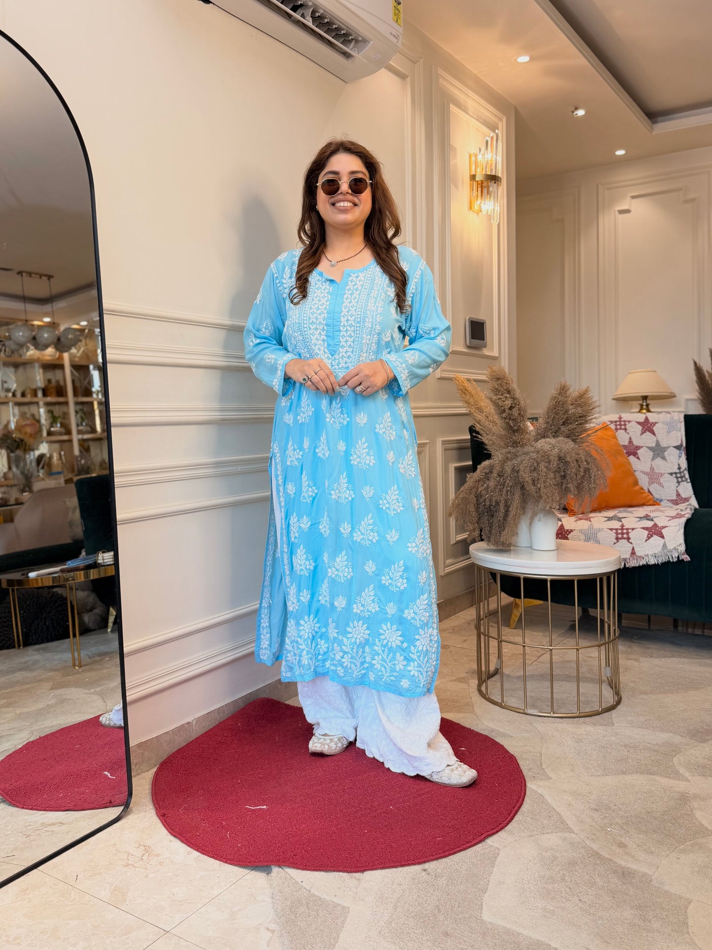 Hand Embroidered 3DChikankari Kurta  | Mul Chanderi | Frozi Blue