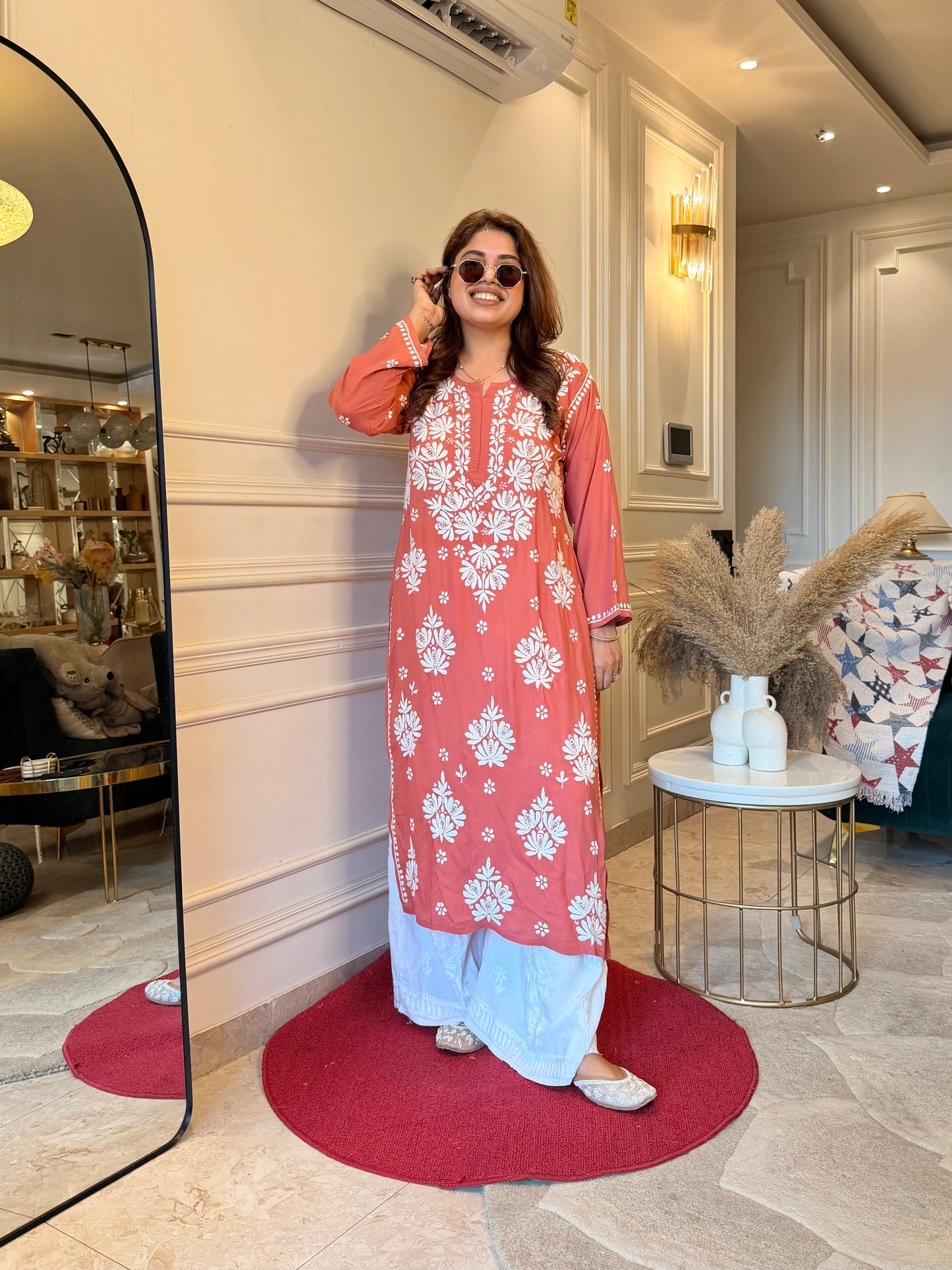 Hand Embroidered Chikankari Kurta | Modal | Coral Peach
