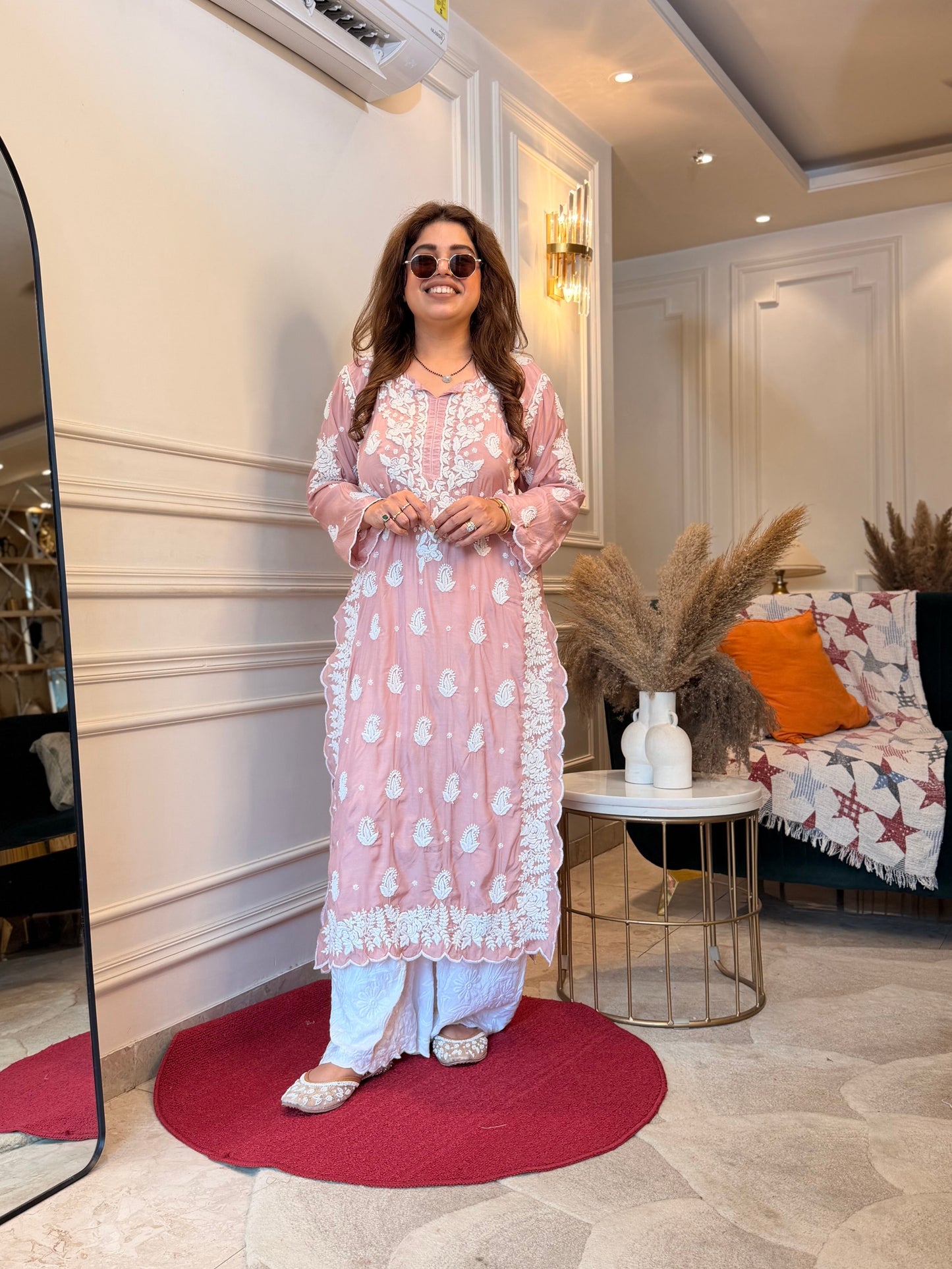 Hand embroidered 6D Chikankari Kurta | Mul Chanderi | Nude