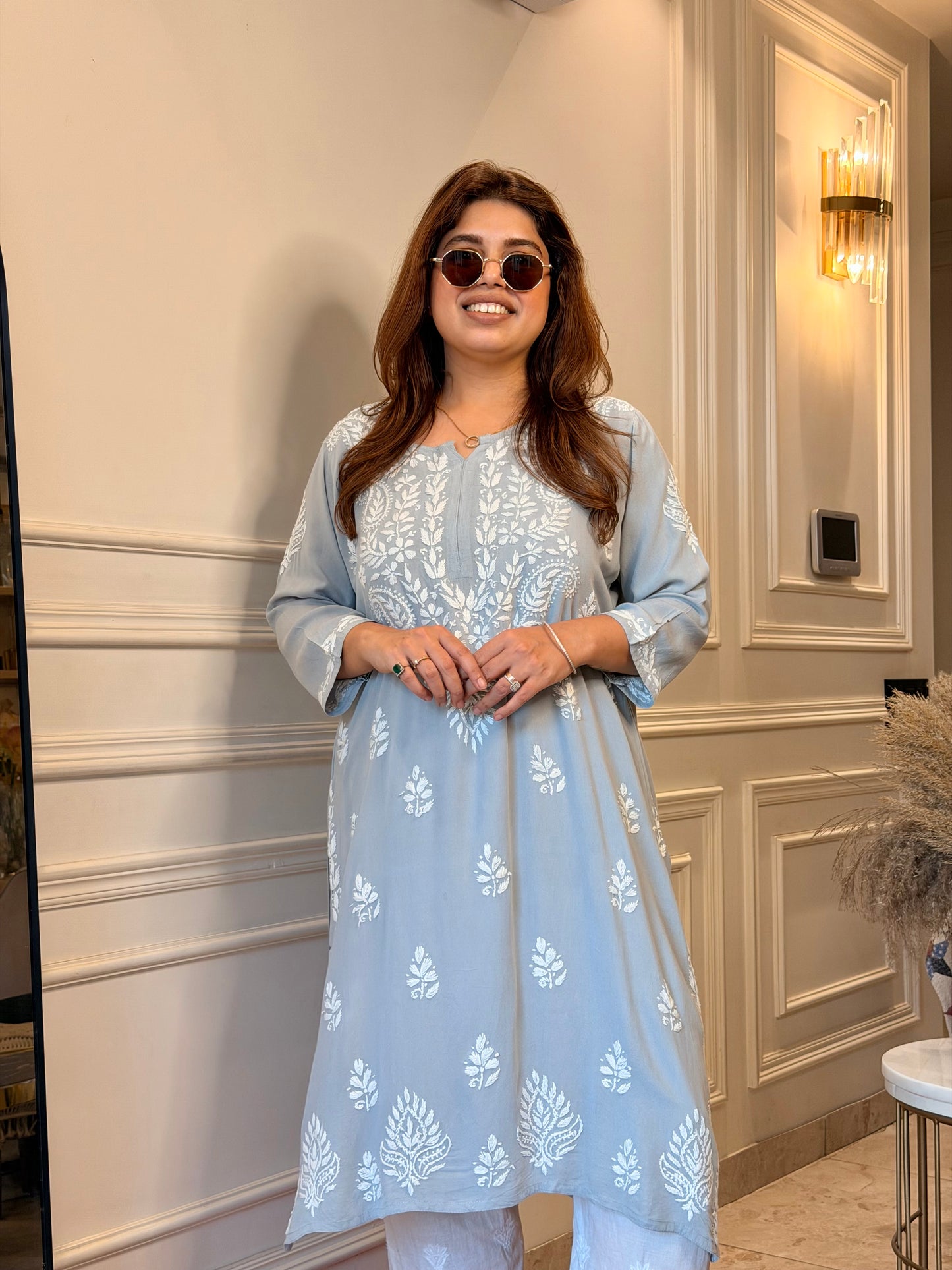 Hand Embroidered Chikankari Kurta | Modal | Pastel Grey