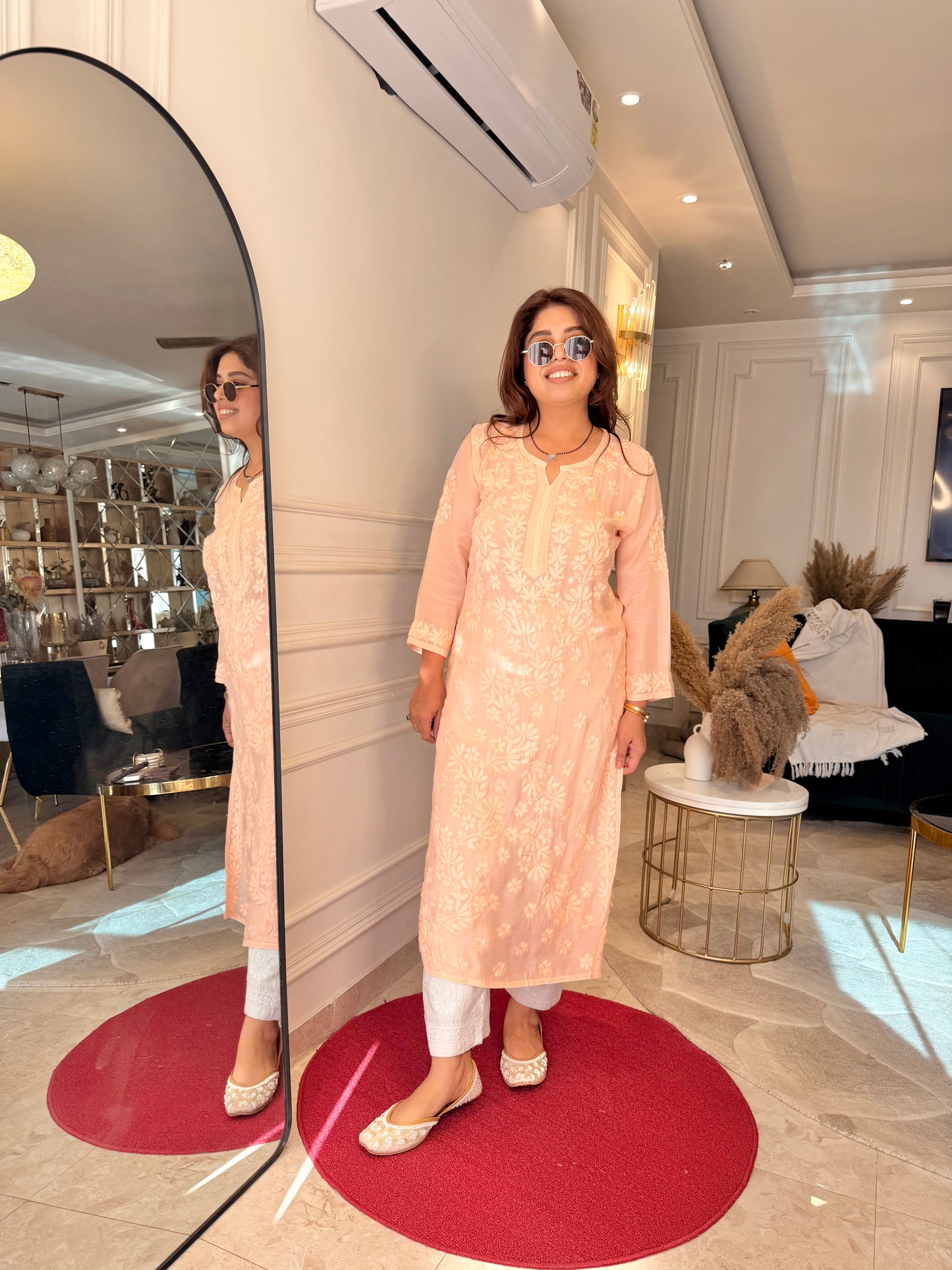 Chikankari Kurta set | Mul Chanderi | Peach