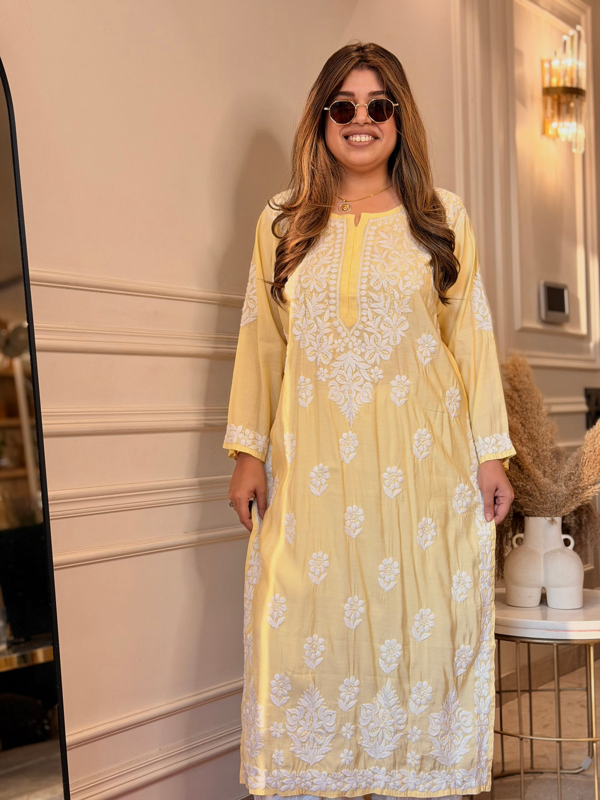 Hand Embroidered 3D Chikankari Kurta | Mul Chanderi | Butter Yellow