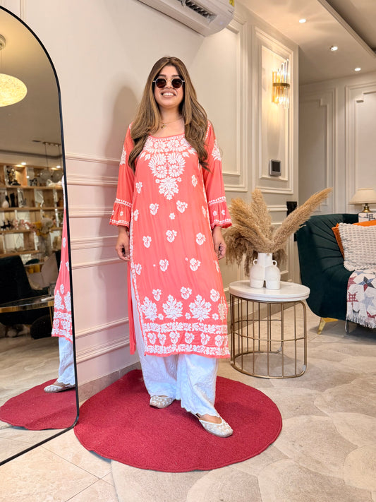 Hand Embroidered 3D Chikankari Kurta | Mul Chanderi | Pink