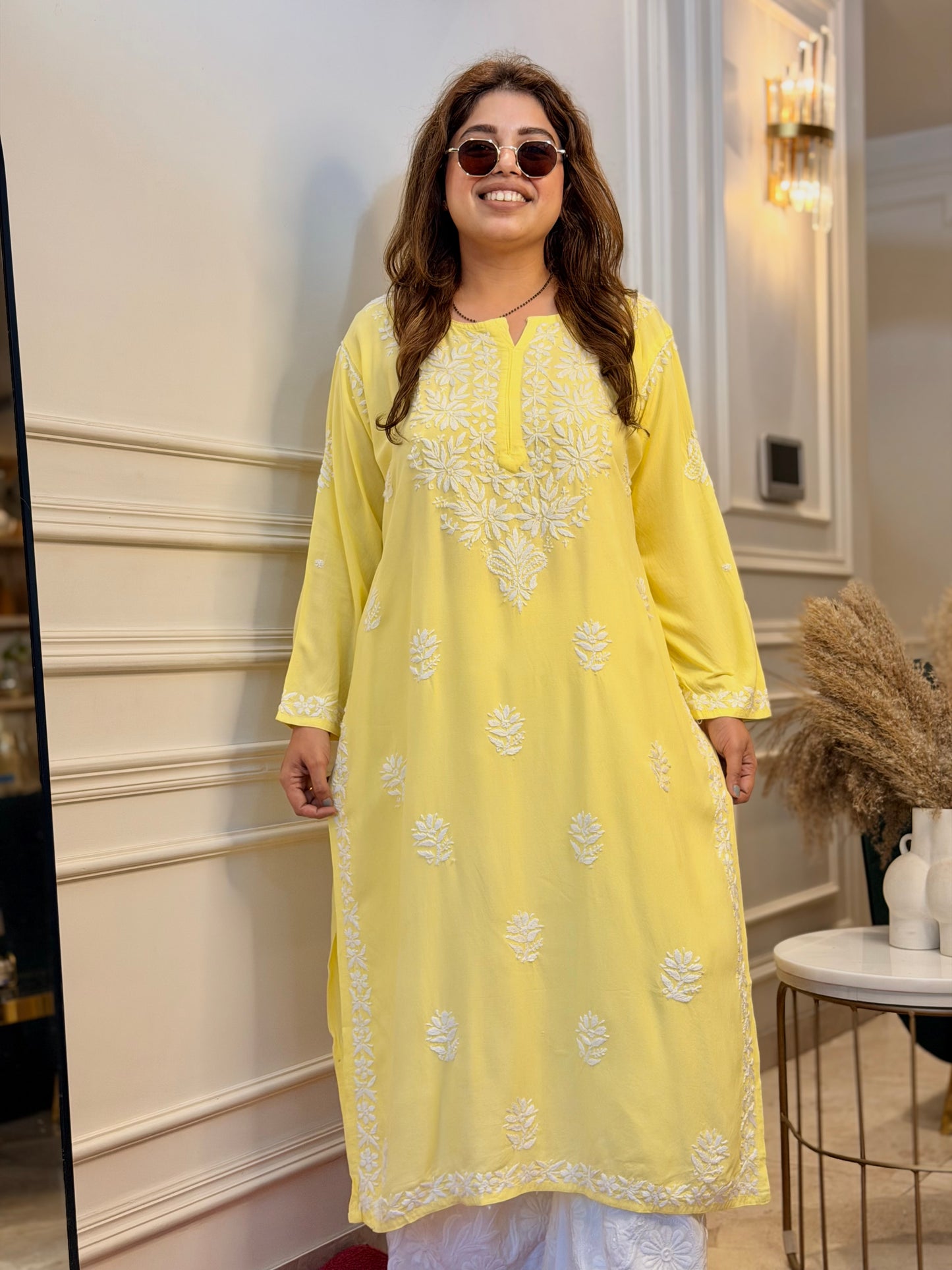 Hand Embroidered Chikankari Kurta | Modal | Yellow