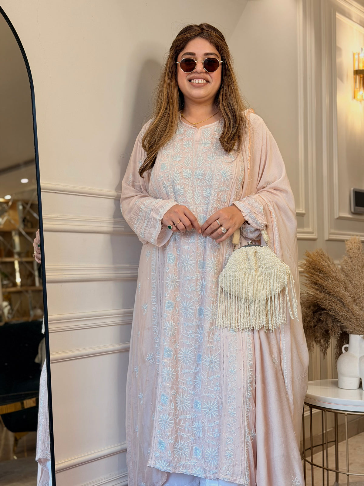 Luxe Hand Embroidered Chikankari Kurta & Duppta | Premium Soft Muslin | Peach Nude
