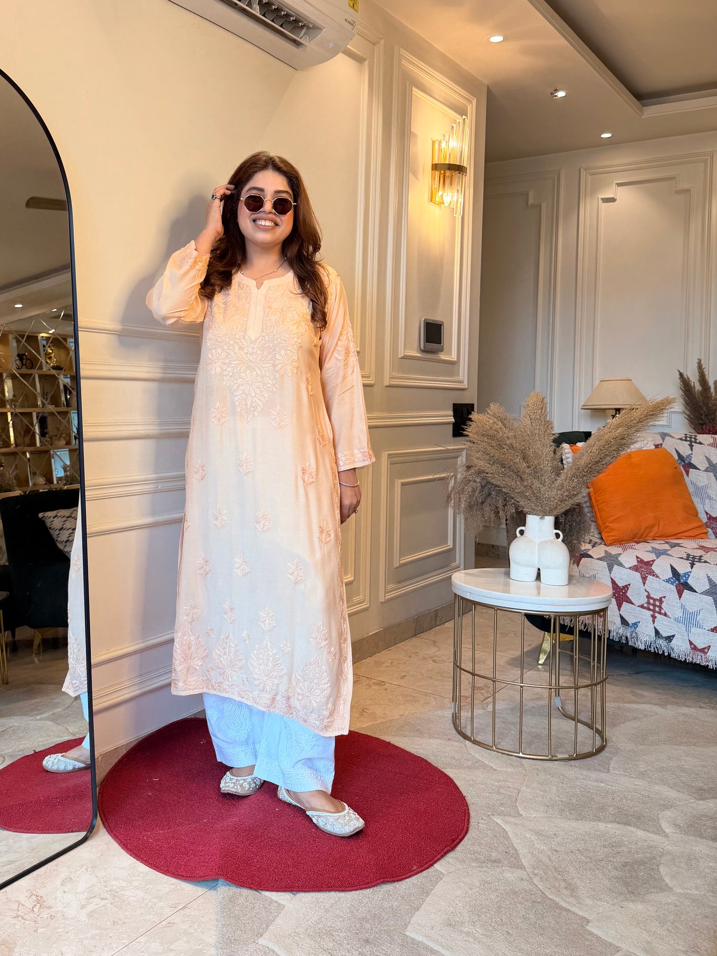 Hand embroidered Chikankari Kurta set | Mul Chanderi | Ivory colour