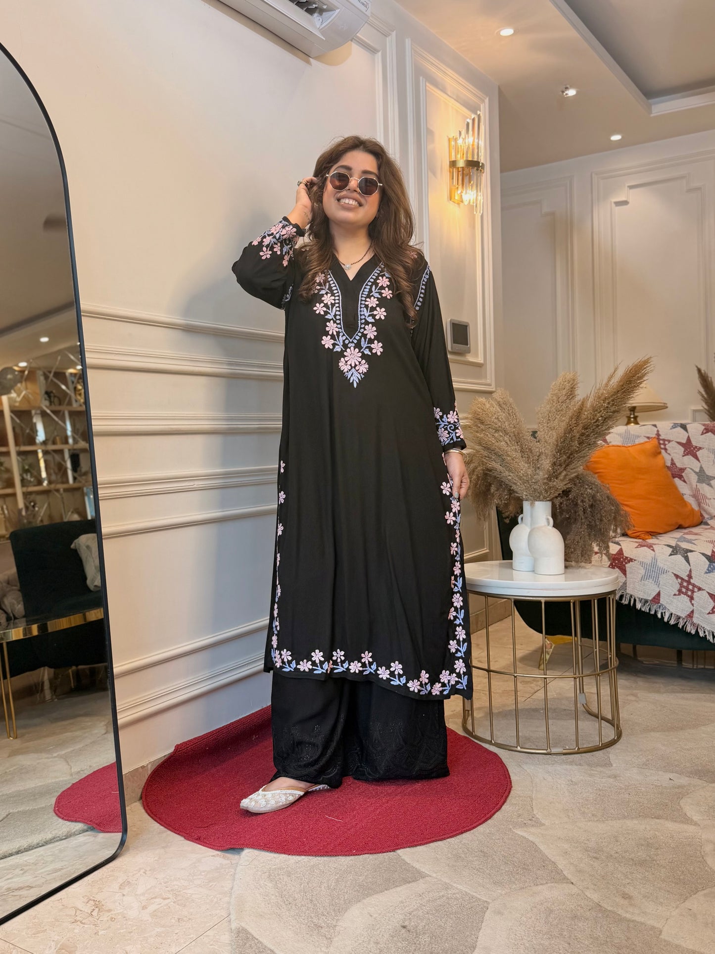 Hand Embroidered 3D Chikankari Kurta | Modal | Black with Purple Pink