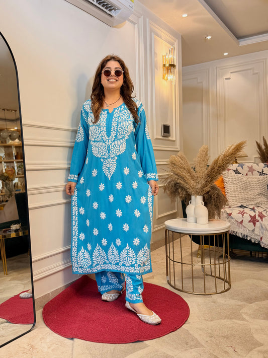 Hand Embroidered Chikankari Kurta set | Modal | Blue