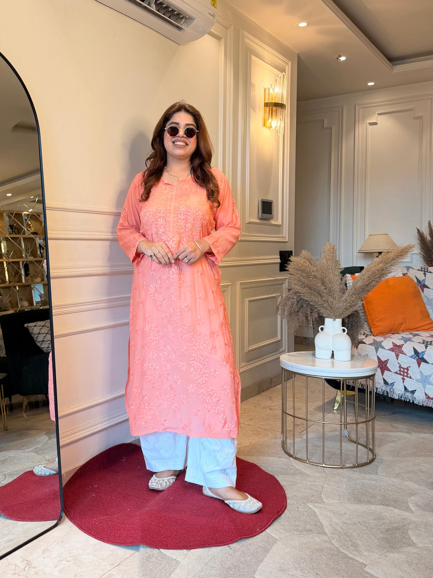 Hand Embroidered Chikankari Kurta set | Mul Chanderi | Rust Orange